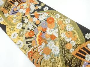 鶴に扇・花模様織出し袋帯